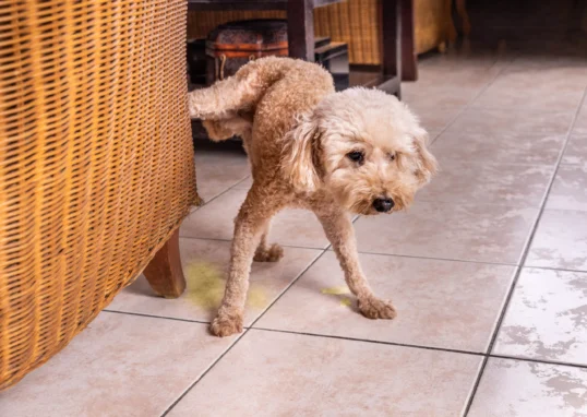 chien qui fait pipi à l'intérieur